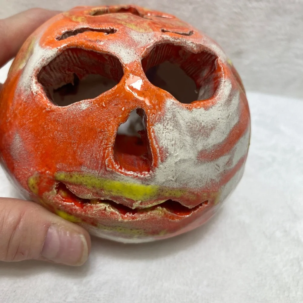 Handmade‎ Ceramic Ugly Face Jack-O-Lantern  Candle Holder Orange Glazed Folk Art